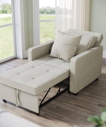 ELEGANT Modern Convertible Sofa Bed 3-in-1 Pull out Arm Chair Folding Recliner Sleeper Single Bed Equipped with Two Pillows, 6-Levels Adjustable, Cream, 81x87x77.5cm