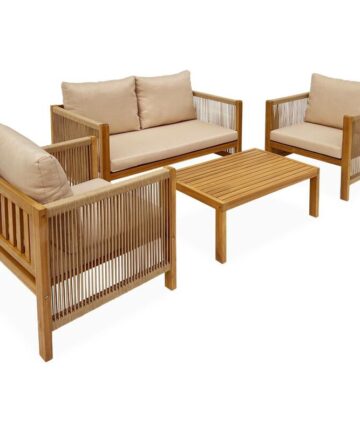 4-seater acacia wood and rope garden sofa set, Alcira, Beige, 122x63.5x64 cm