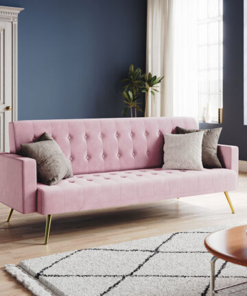 ELEGANT Modern Sofa Bed 3-level Adjustable Backrest Ultra Soft Material Velvet Cloth High-bounce Sponge Multi-person Sofa Pink, 192x79x75cm