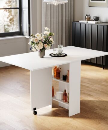 ELEGANT Drop Leaf Dining Table, Modern Folding Dining Table with Storage Shelves, Extendable Kitchen Table on Wheels, White