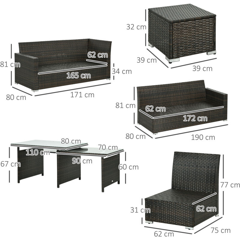 Outsunny 10-Seater Sofa Sectional w/ Cushioned Seat, Footstools and Glass Table Brown, Cream White - Image 2
