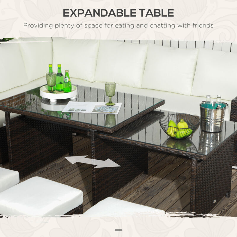 Outsunny 10-Seater Sofa Sectional w/ Cushioned Seat, Footstools and Glass Table Brown, Cream White - Image 4
