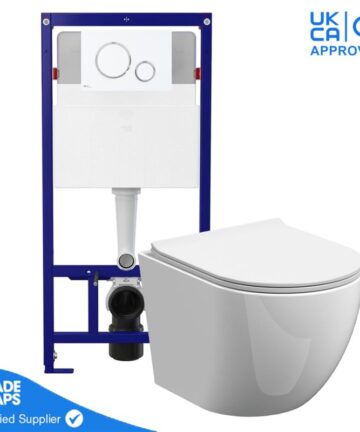 Rimless Wall Hung Toilet Pan with 1.12m Concealed Cistern Frame Dual Flush Plate - Gloss White Chrome Dual Flush Plate