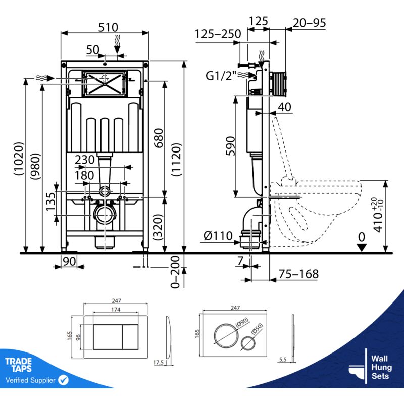 Rimless Wall Hung Toilet Pan with 1.12m Concealed Cistern Frame Dual Flush Plate - Gloss White Chrome Dual Flush Plate - Image 2