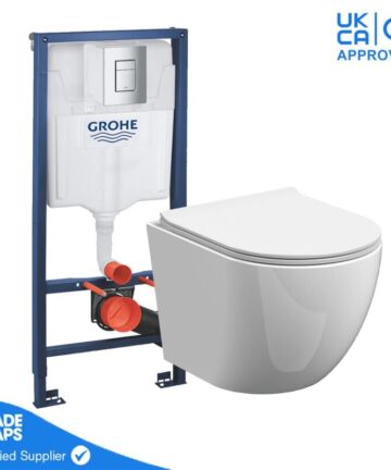 Rimless Wall Hung Toilet Pan with GROHE 1.13m Concealed Cistern Frame - Chrome Dual Flush Plate
