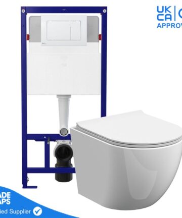 Rimless Wall Hung Toilet Pan with 1.12m Concealed Cistern Frame Dual Flush Plate - Gloss White Dual Flush Plate