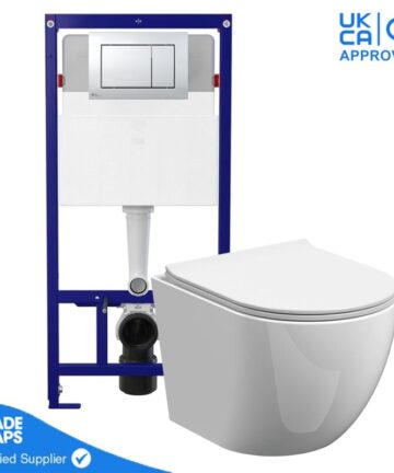 Rimless Wall Hung Toilet Pan with 1.12m Concealed Cistern Frame Dual Flush Plate - Chrome Gloss Dual Flush Plate