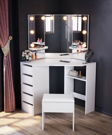 ELEGANT Bedroom Furniture Corner Dressing Table Makeup Desk with 3 Large Mirrors 5 Drawers, White Dresser Set with Stool + LED Mirror Lights