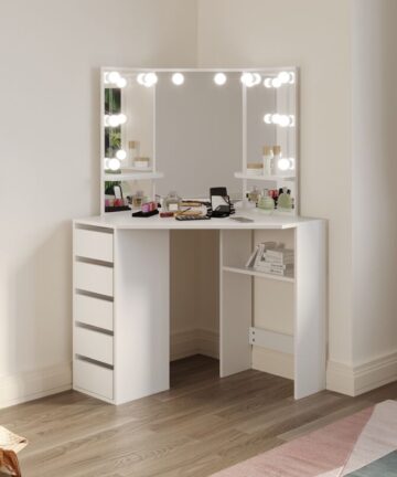 ELEGANT Corner Dressing Table, LED Vanity Makeup Desk with 3 Mirrors 5 Drawers, White Bedroom Furniture Corner Curved Vanity Table