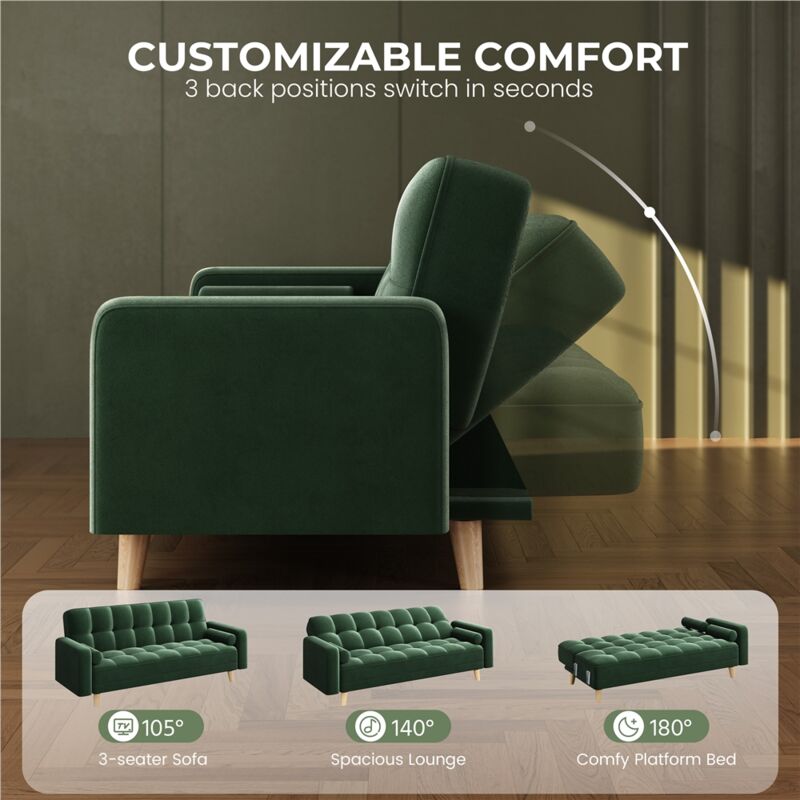 Yaheetech Velvet Convertible Sofa Bed, 3 Seater Convertible Settee Sofa Bed With Armrests and 2 Bolster Pillows, Green - Image 3