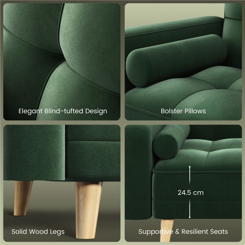Yaheetech Velvet Convertible Sofa Bed, 3 Seater Convertible Settee Sofa Bed With Armrests and 2 Bolster Pillows, Green - Image 4