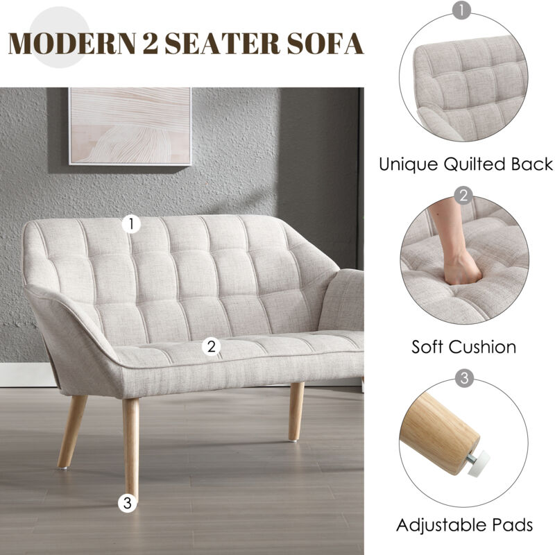 2 Seater Sofa in Linen Upholstered Modern Couch Comfortable Loveseat Sofa with Wood Legs for Bedroom Living Room, Beige, Wahson - Image 3