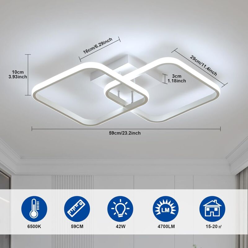 COMELY LED Ceiling Light, 42W 4700LM, Square Acrylic Ceiling Lamp, Modern Aluminum Luminaire 59CM for Kitchen, Dining Room, Bedroom - White - White Light 6500K - Image 2