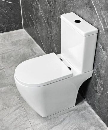 Tornado Flush Toilet with Black Flush Button & Hinges Open Back Rimless WC