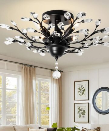 Ganeed Vintage K9 Clear Crystal Chandeliers,Ceiling Lighting,Pendant Lighting Flush Mounted Fixture with 4 Light for Living Room Dinning Room Restaurant Porch Hallway (Black)