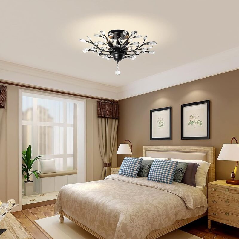 Ganeed Vintage K9 Clear Crystal Chandeliers,Ceiling Lighting,Pendant Lighting Flush Mounted Fixture with 4 Light for Living Room Dinning Room Restaurant Porch Hallway (Black) - Image 2