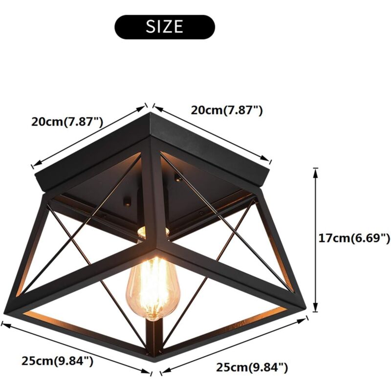 Ganeed Farmhouse Flush Mount Ceiling Lights Fixtures,Kitchen Close to Ceiling Lamp,Square Black Metal Cage Light Fixture for Hallway Bedroom Dining Room Entryway,E27 - Image 2