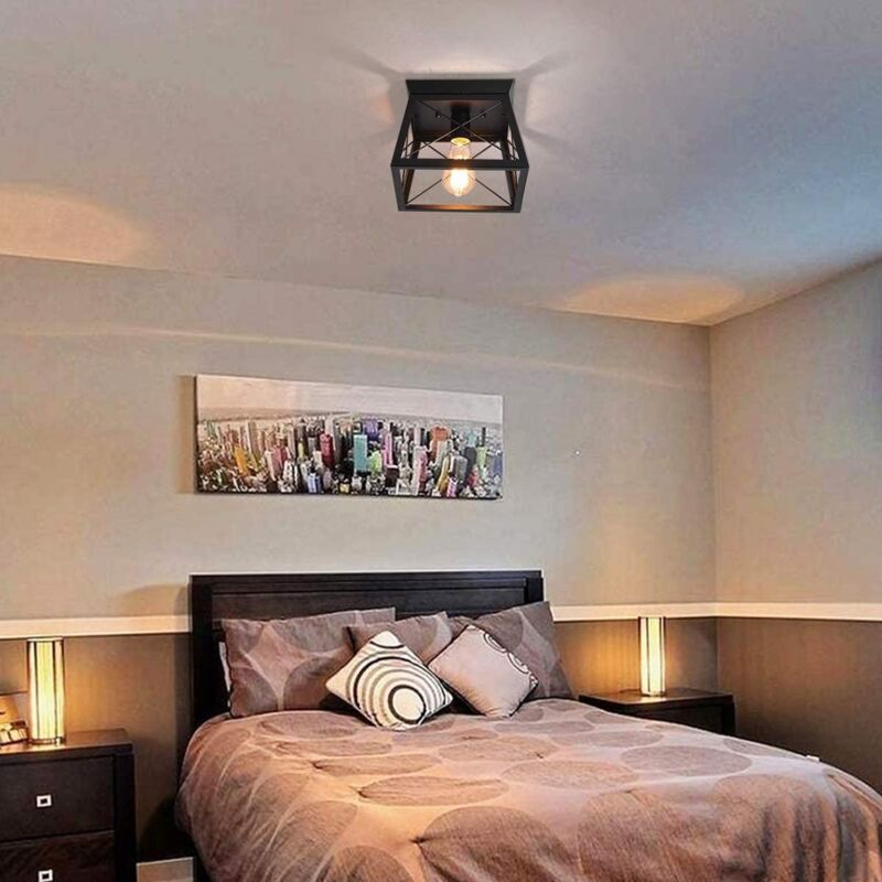 Ganeed Farmhouse Flush Mount Ceiling Lights Fixtures,Kitchen Close to Ceiling Lamp,Square Black Metal Cage Light Fixture for Hallway Bedroom Dining Room Entryway,E27 - Image 4