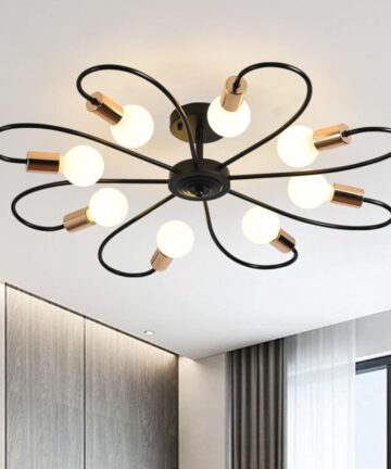 8-Light Semi Flush Ceiling Light, Modern Sputnik Chandeliers Mid-Century Metal Pendant Lighting, Industrial Vintage Ceiling Lamp Fixture for Kitchen Dining Living Room Bedroom(Black&Gold)