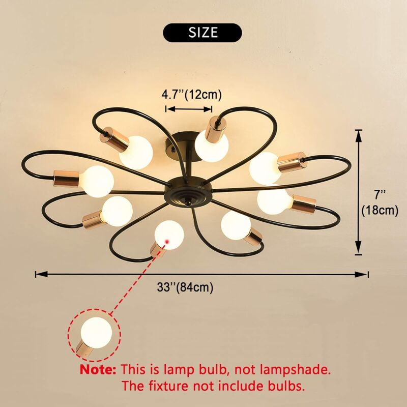 8-Light Semi Flush Ceiling Light, Modern Sputnik Chandeliers Mid-Century Metal Pendant Lighting, Industrial Vintage Ceiling Lamp Fixture for Kitchen Dining Living Room Bedroom(Black&Gold) - Image 2