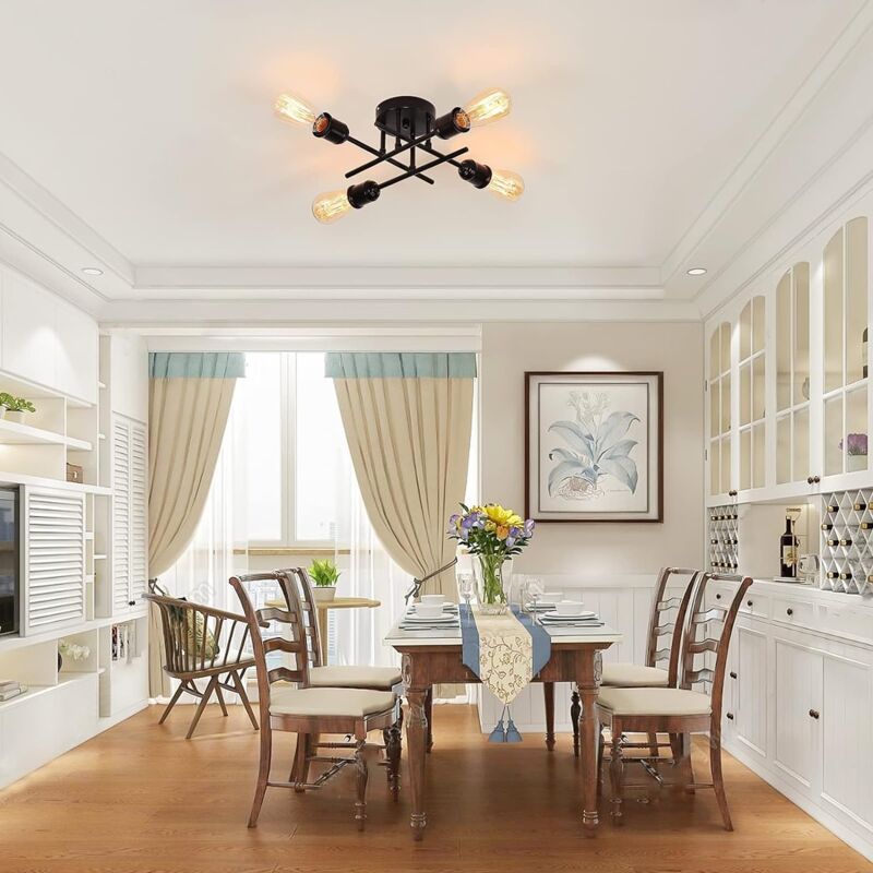 Industrial Semi Flush Mount Ceiling Light 4-Light Rustic Black Chandelier with E27 Base, Modern Sputnik Ceiling Lighting Fixture for Kitchen Dining Living Room Bedroom - Image 3