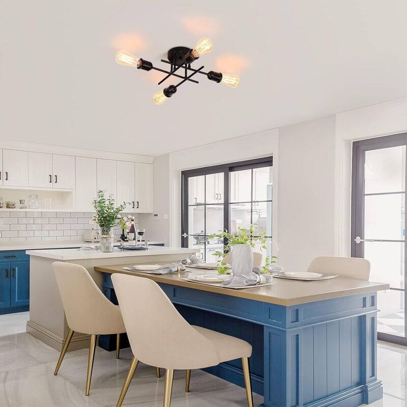 Industrial Semi Flush Mount Ceiling Light 4-Light Rustic Black Chandelier with E27 Base, Modern Sputnik Ceiling Lighting Fixture for Kitchen Dining Living Room Bedroom - Image 4