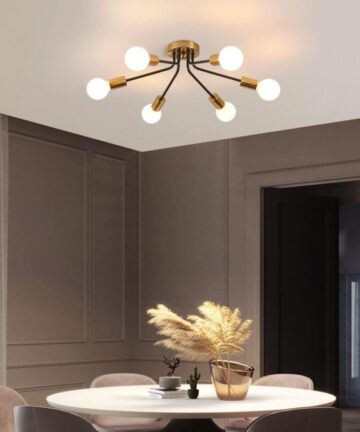 6-Light Semi Flush Mount Ceiling Light Fixture, Modern Gold Sputnik Chandelier Ceiling Lighting, Industrial Metal Farmhouse Ceiling Lamp for Living Dining Room Bedroom (Bulb Not Include)