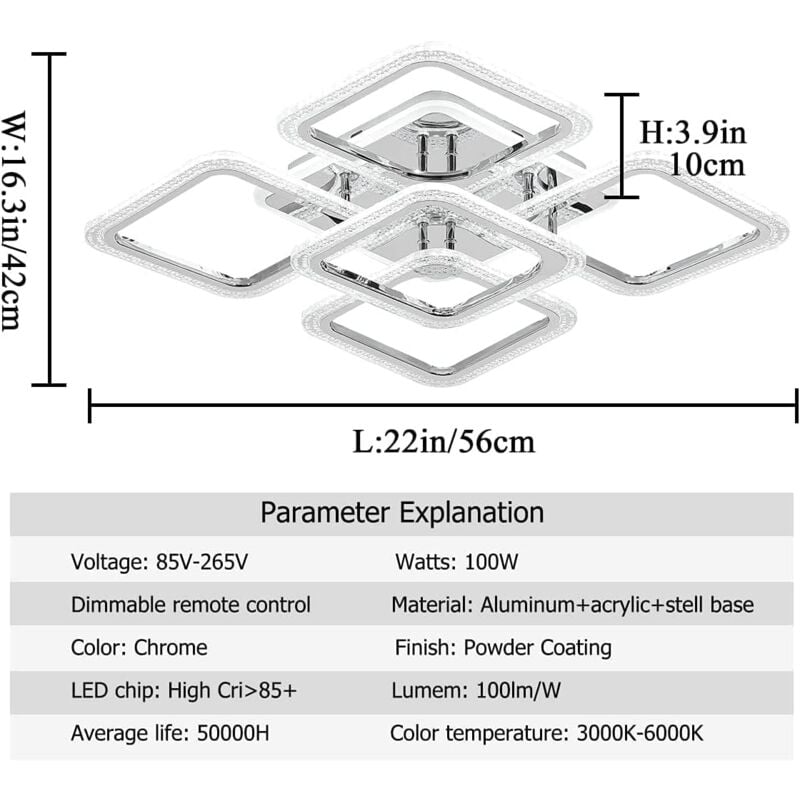 LED Ceiling Light Square, Modern Flush Mount Chandeliers Lighting,Dimmable Bedroom Ceiliing Lamps Nordic Design for Living Room Kitchen, with Remote/Chrome - Image 2