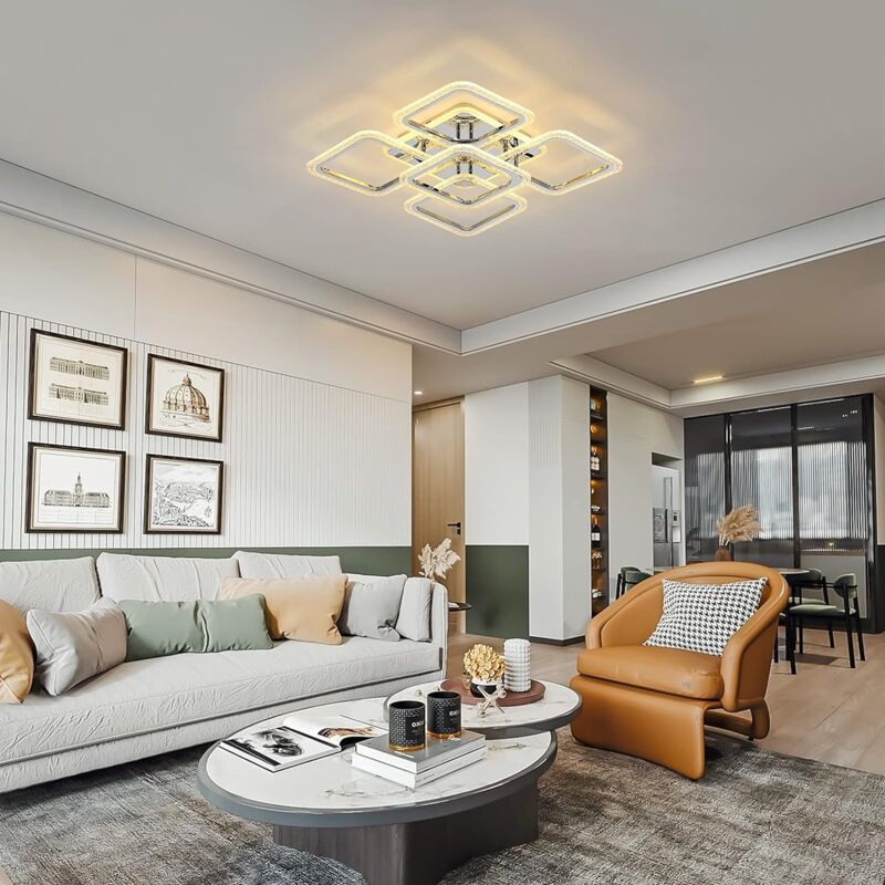 LED Ceiling Light Square, Modern Flush Mount Chandeliers Lighting,Dimmable Bedroom Ceiliing Lamps Nordic Design for Living Room Kitchen, with Remote/Chrome - Image 4
