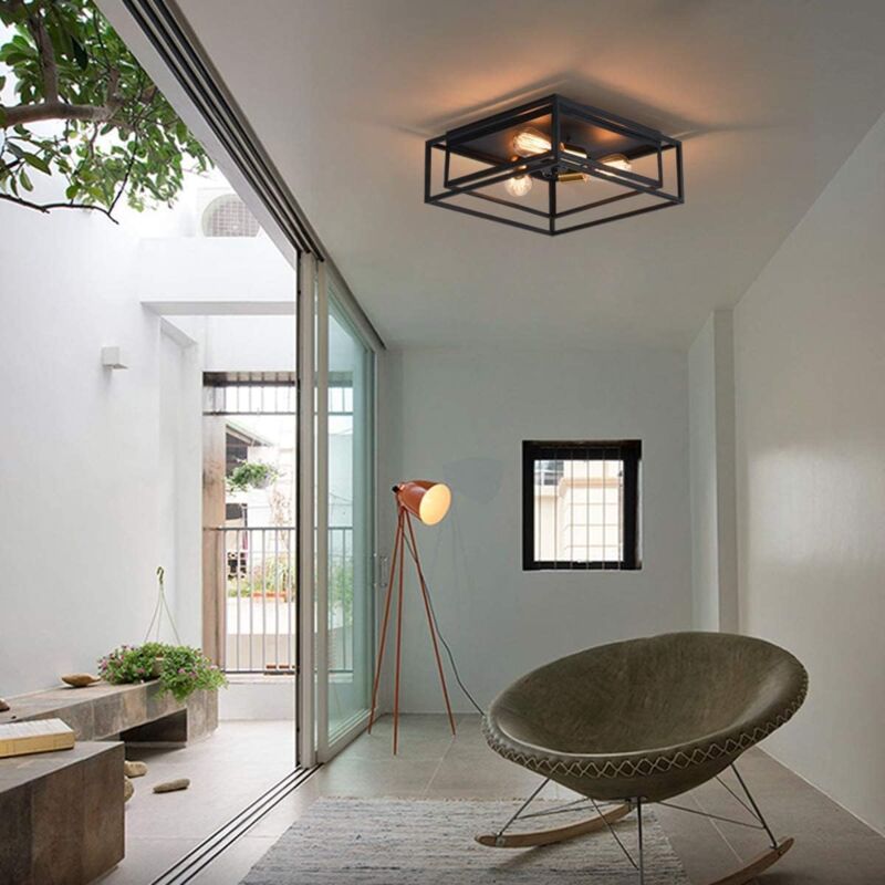 Industrial Ceiling Light 3 Lights Square Semi Flush Mount Ceiling Lamp Metal Ceiling Light for Hallway Entrance Dining Room Bedroom Foyer (Black) E27 - Image 3