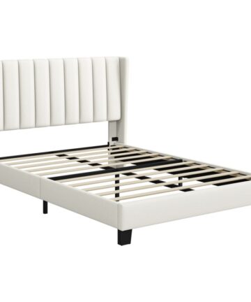Yaheetech 4ft6 Double Upholstered Bed Frame with Wing Side Platform Bed,135 cm W x 190 cm L, Beige