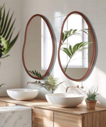 Large Irregular Mirror Wood Frame Modern Boho Wall Mirror Asymmetrical - 56x82cm