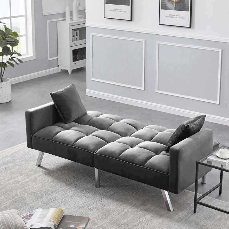 Sofa Bed 2 Seater Grey Velvet Click Clack Sofa Settee Recliner Couch with Metal Legs with 2 Pillows - Image 2