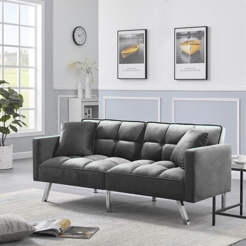 Sofa Bed 2 Seater Grey Velvet Click Clack Sofa Settee Recliner Couch with Metal Legs with 2 Pillows - Image 3