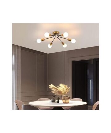 6-Light Semi Flush Mount Ceiling Light Fixture, Modern Gold Sputnik Chandelier Ceiling Lighting, Industrial Metal Farmhouse Ceiling Lamp for Living Dining Room Bedroom (Bulb Not Include)