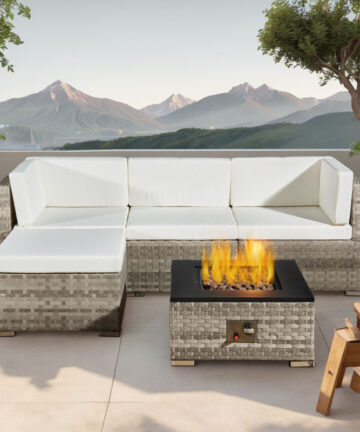 4 seats outdoor sofa rattan garden furniture set with fire pit- Grey - CANARY