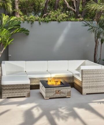 6 seats outdoor sofa rattan garden furniture set with fire pit- Grey - CANARY
