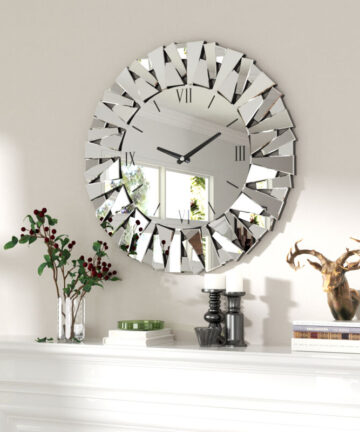 Round Sunburst Glass Mirror with Wall Clock