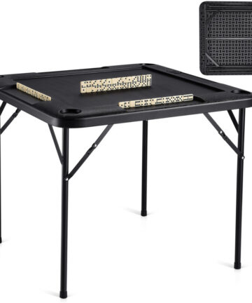 Mophorn Mahjong Table, Square 4 Player Folding Card Table with 4 Cup Holders & 4 Chip Trays, Portable Domino Game Table with 1 Set of Dominoes for Mahjong Poke Puzzles, 35.4 x 35.4-inch, Black