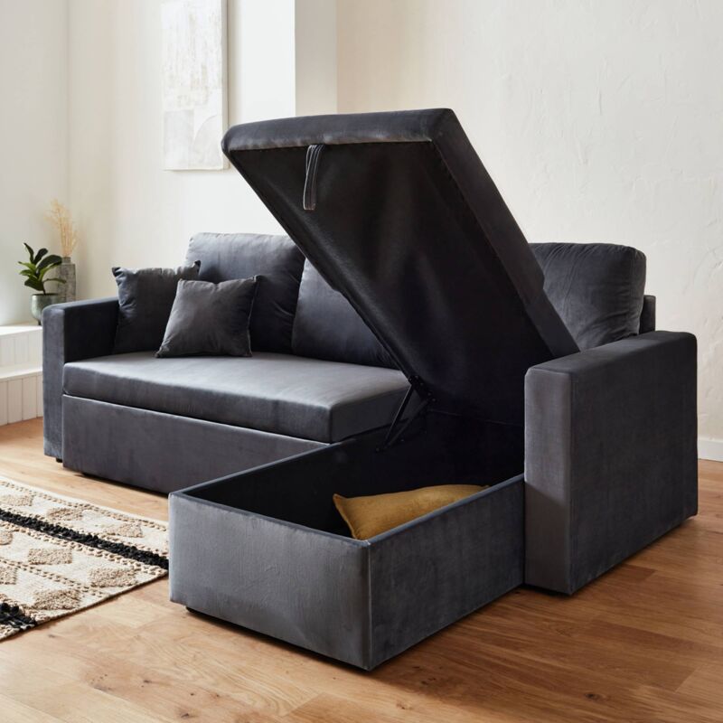 3-seater reversible corner sofa bed with storage, Ida velvet, Charcoal Grey, 219x147x68 cm - Image 3