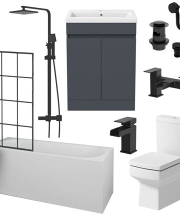 Aquari Complete Bathroom Suite Black Bath Shower Screen Basin Vanity Toilet Taps 1700mm