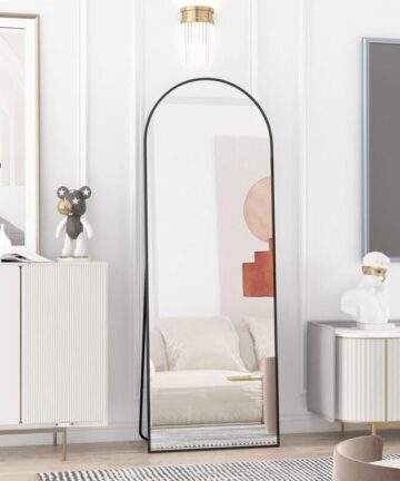 CASSILANDO 162 x 53 cm Full Length Mirror, Aluminium Alloy Frame Mirror on Stand, Smooth Curved Mirror on Stand, Large Wall Mirror for Bedroom, Living Room, Black
