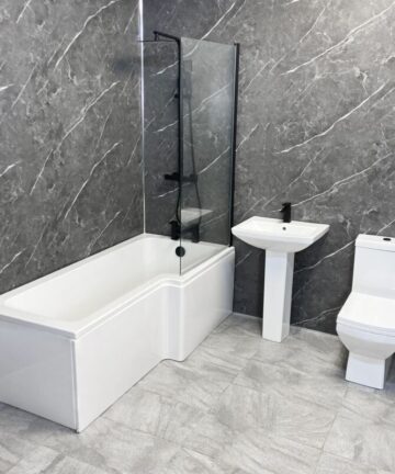 Shower Bath Suite with Black Taps Screen Valve L Shaped Amara â€“ Right Hand, Without End Panel