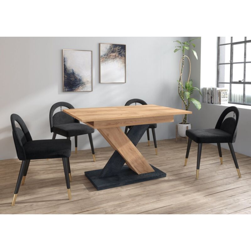 Furneo Modern Dining Table Extendable 120-160cm Oak & Black Concrete Effect Enzo 01 - Image 2