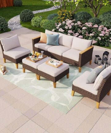 PHIVILLA Rattan Garden Furniture Set for 5-7 persons Patio Outdoor Garden Sofa Set Wicker Armchair Stool Ottoman with Weatherproof Seat Cushion Easy Assembly Weather Resistant