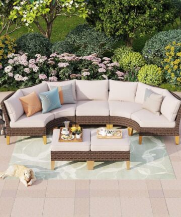 PHIVILLA Outdoor Garden Corner Sofa Furniture Set for 5-7 Persons Metal Frame Rattan Comfortable Patio Set Armchair Ottoman with Cushions Dark Brown Weather Resistant