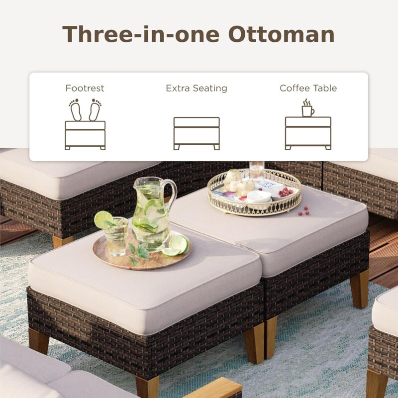 PHIVILLA Outdoor Garden Corner Sofa Furniture Set for 5-7 Persons Metal Frame Rattan Comfortable Patio Set Armchair Ottoman with Cushions Dark Brown Weather Resistant - Image 4