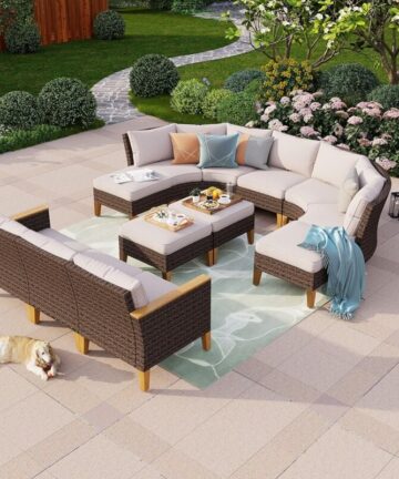 PHIVILLA Garden Sofa Furniture Set for 10-12 Persons Patio Outdoor Corner Sofa Balcony Furniture with Armchair Coffee Table Ottoman with cushions Weatherproof for Garden Patio Deck and Backyard