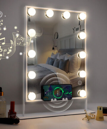 FENCHILIN Hollywood Mirror with Wireless Charging Music Speaker Vanity Mirror with 12 Dimmable Bulbs 3 Color Smart Touch Control Detachable 10X Magnification White 30 x 41cm