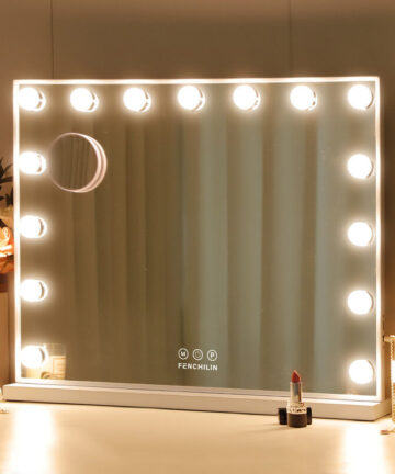 FENCHILIN Hollywood Mirror Vanity Mirror with Lights USB Port 15 Dimmable Lightbulbs 3 Lighting Modes for Dressing Table Vanity Mirror Makeup Mirror 10x Magnifying Glass Touchscreen 58x46cm